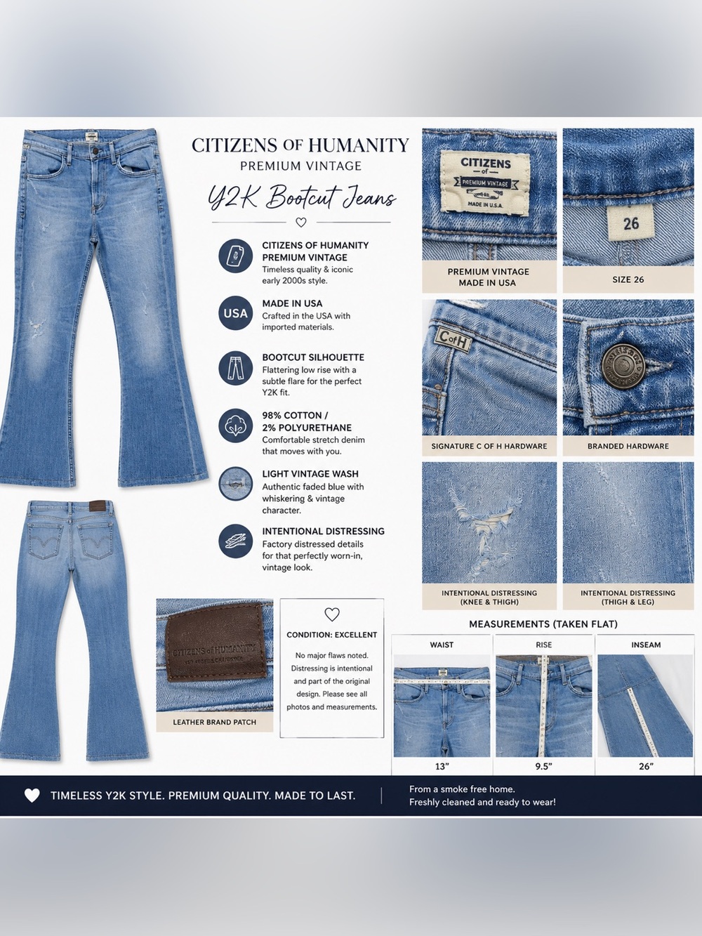 Citizens of Humanity Premium Vintage Bootcut Jeans 26 Made USA Distressed - Picture 4 of 15